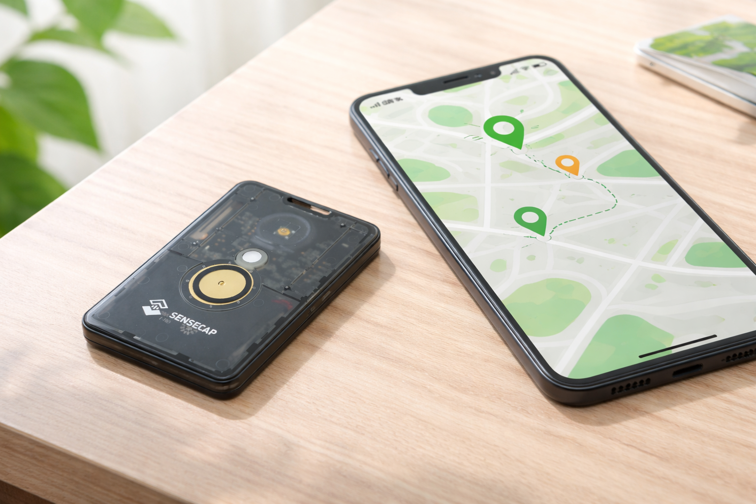 SenseCAP Meshtastic device next to a smartphone showing a map with position markers